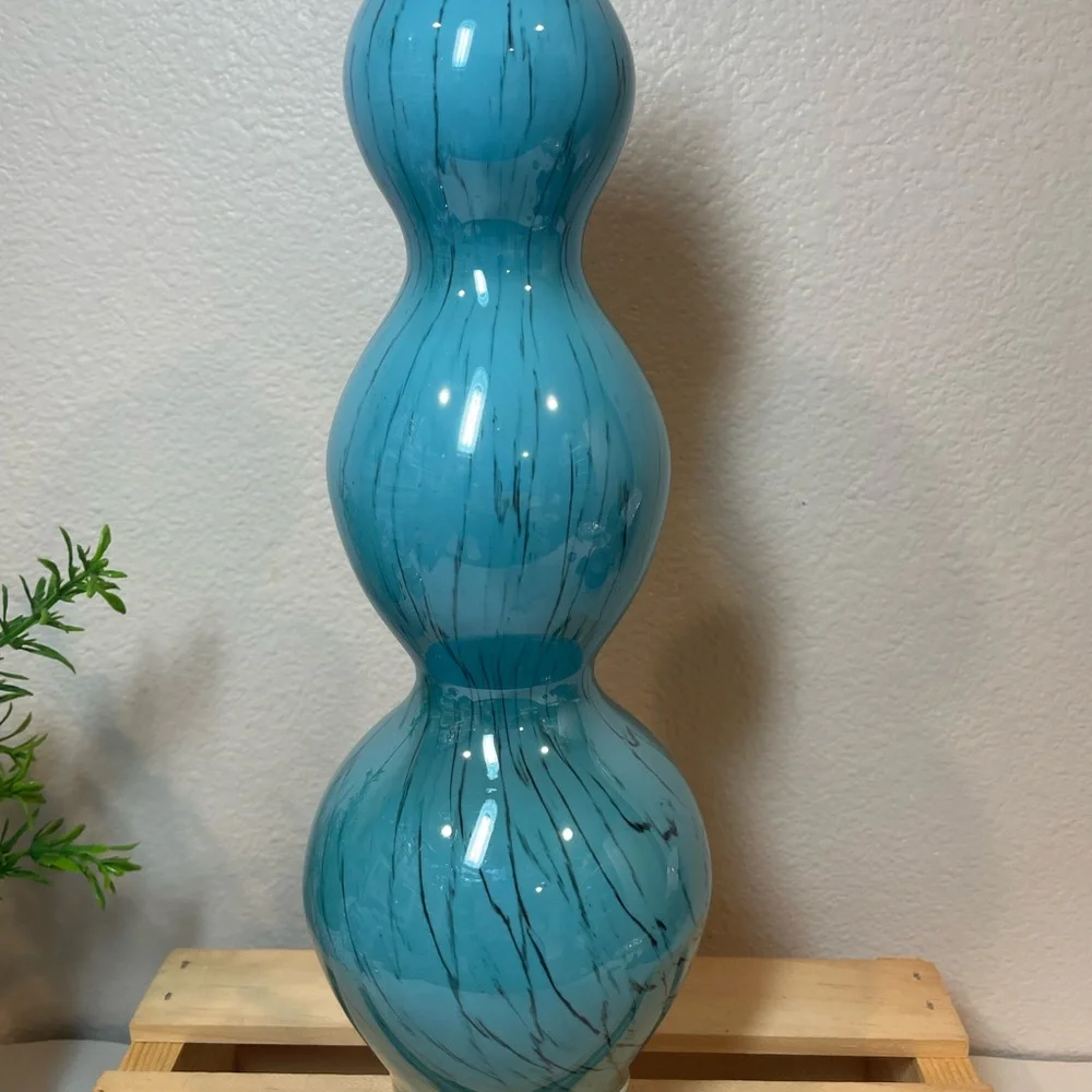 Vintage Pier 1 Turquoise Blue w Black Etch Art Glass Triple Gourd Vase | EUC